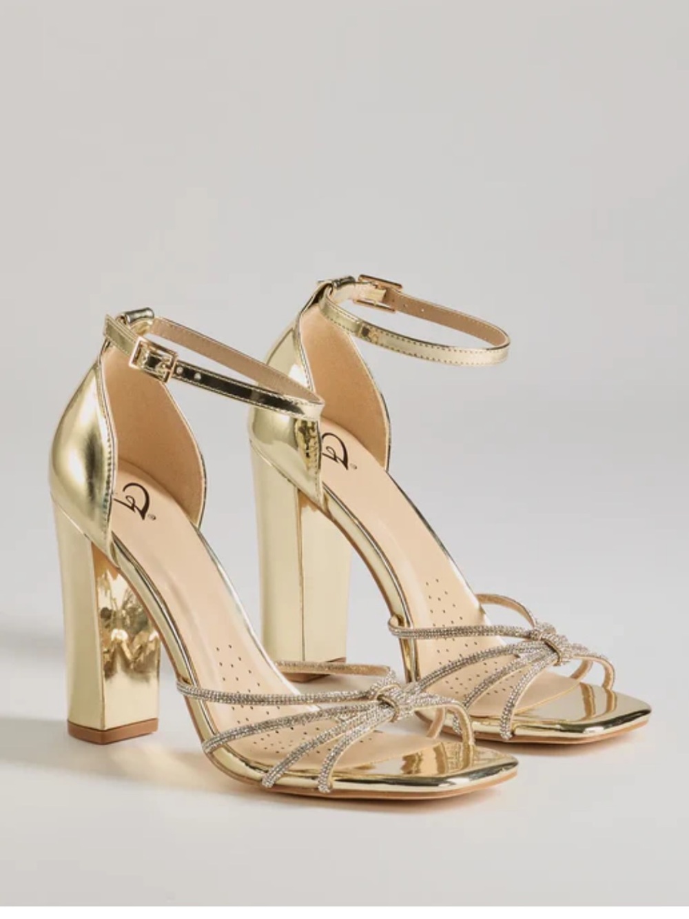 Windsor gold rhinestone strappy block heels